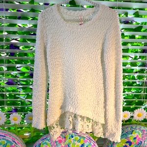 NOBO creamy white cuddle sweater with lace ruffle hem